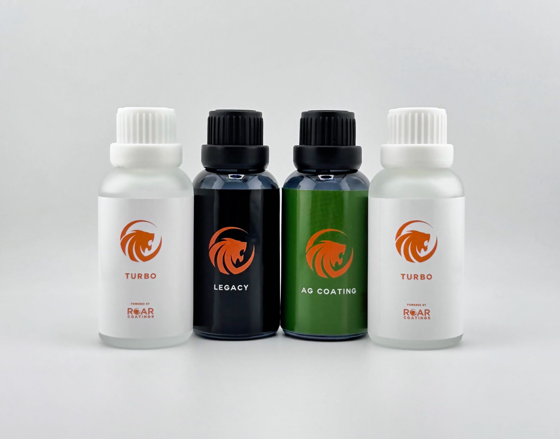 Roar Coatings product lineup: Turbo, Legacy and AG Coating bottles