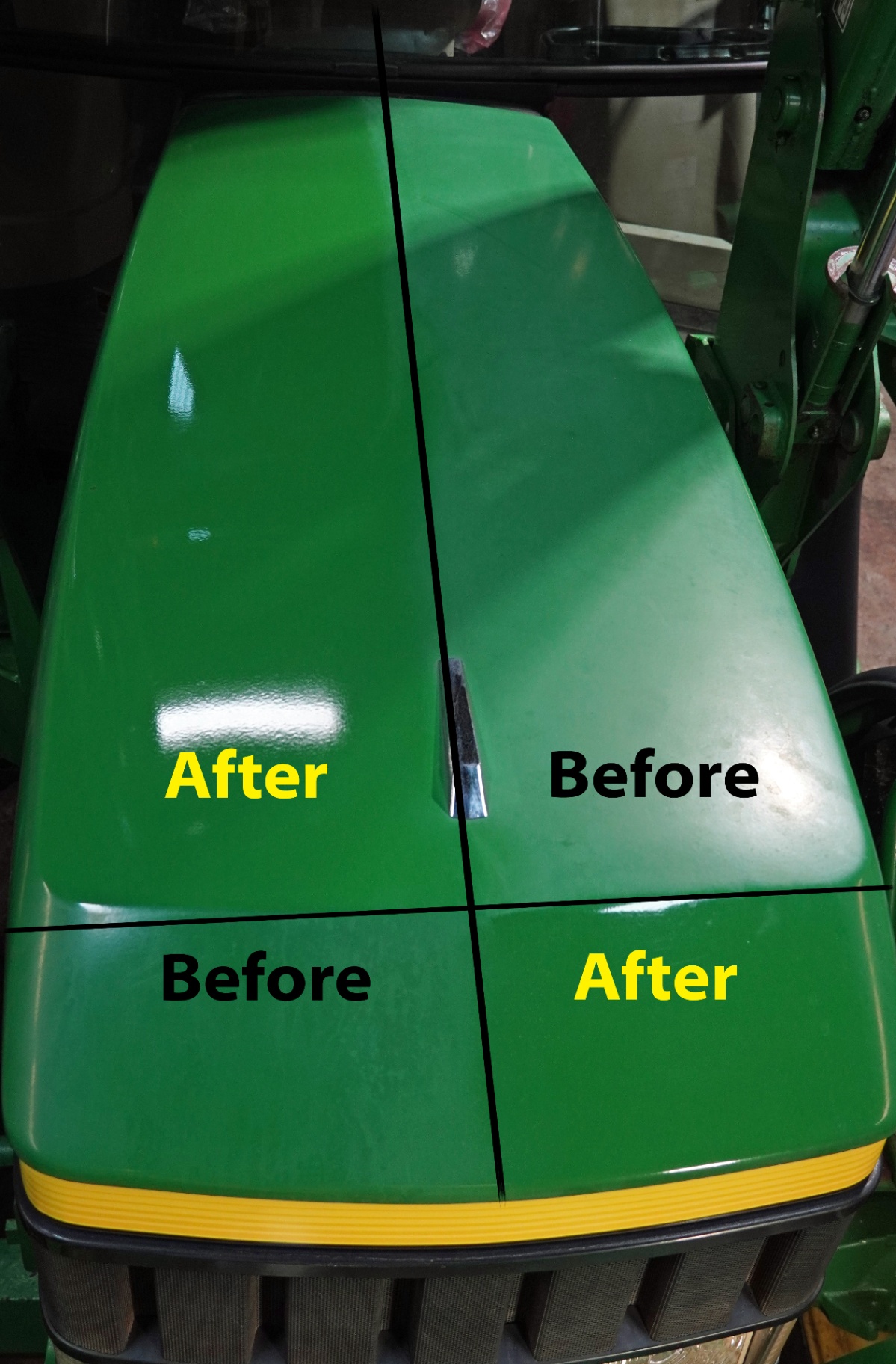 John Deere tractor before and after paint correction and ceramic coating